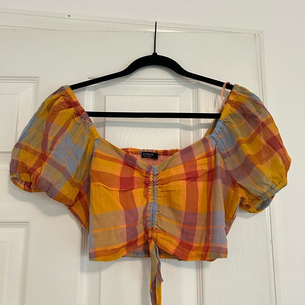 Cotton On Multicolor Plaid Puff Sleeve Cropped Top